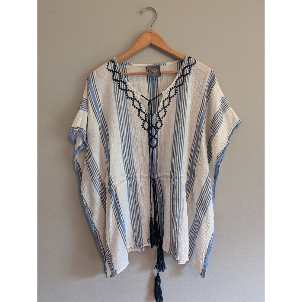 Vince Camuto Striped Embroidered Tassel‎ Poncho Top OS Resort Vacation Boho Chic